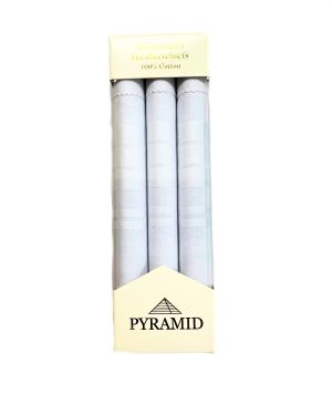 Mens Pyramid 3 Pack White Cotton Faggot Hem Stitched Handkerchiefs