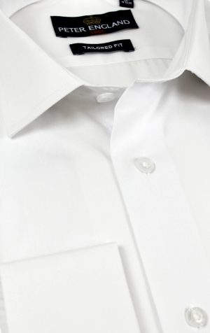 Peter England Mens Tailored Fit Cotton Rich White Double Cuff Plain Shirt