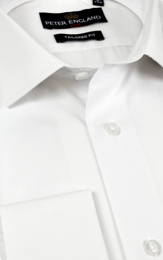 Peter England Mens Tailored Fit Cotton Rich White Double Cuff Plain Shirt