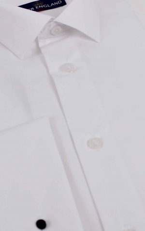Peter England tailored fit white shirt with double cuffs, French front, and no pocket – ideal for a clean, modern formal look.