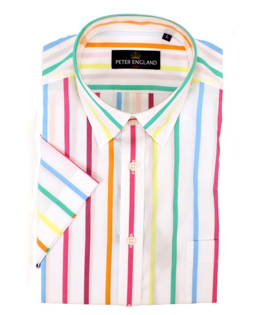 Peter England Bright Coloured Stripe Short Sleeve Cotton Shirt - Image 2