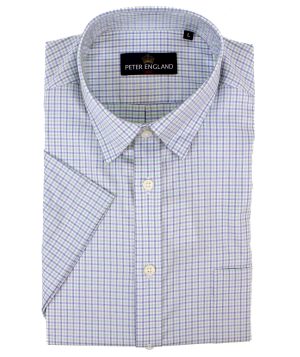 Peter England Blue & Green Mini Check Short Sleeve Cotton Shirt