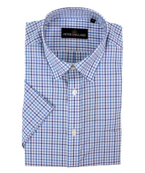 Peter England Blue Tattersall Check Short Sleeve Cotton Shirt