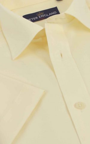 Peter England men’s classic fit short sleeve lemon shirt with chest pocket, classic collar, and branded buttons – ideal for smart, warm-weather dressing.