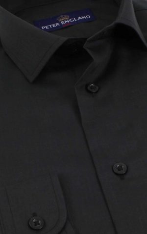 Peter England men’s tailored fit white shirt with French front, smaller collar and cuff, no pocket, and branded buttons – sleek and modern formalwear.