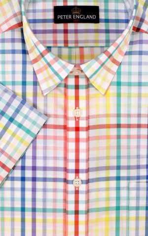 Peter England Multicoloured Tattersall Check Short Sleeve Cotton Shirt