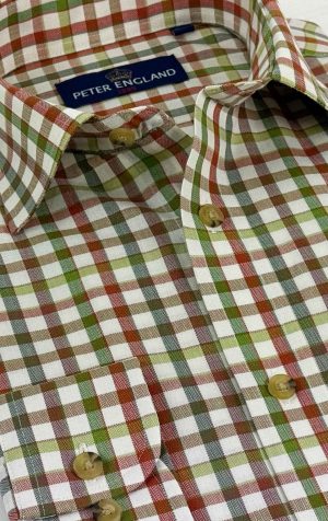 Peter England Brown & Green Herringbone Tattersall Check Shirt