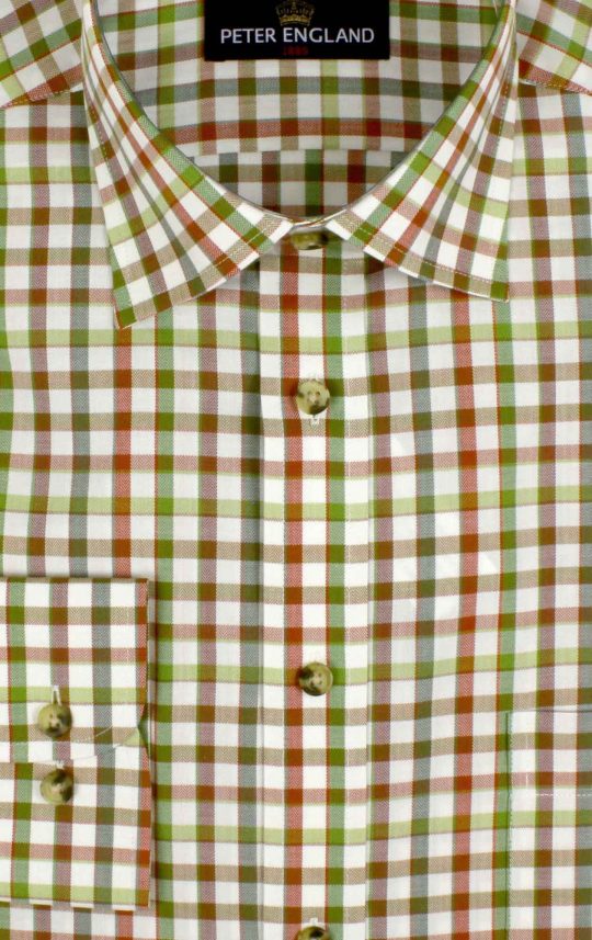 Peter England Brown & Green Herringbone Tattersall Check Shirt