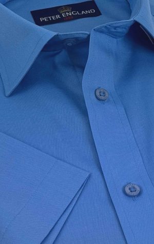 Peter England Mens French Blue Plain Short Sleeve Shirt