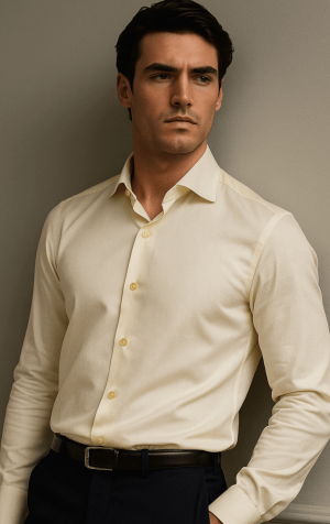 Peter England Mens Ecru Tailored Fit Cotton Rich Plain Shirt