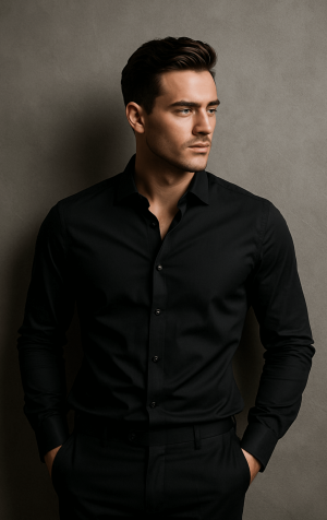 Peter England Mens Black Tailored Fit Cotton Rich Plain Shirt